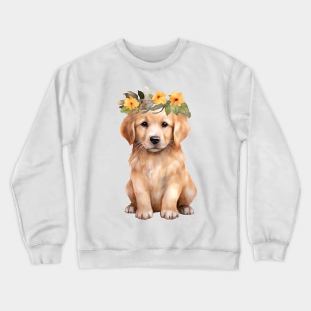 Watercolor Golden Retriever Dog with Head Wreath Crewneck Sweatshirt by Chromatic Fusion Studio